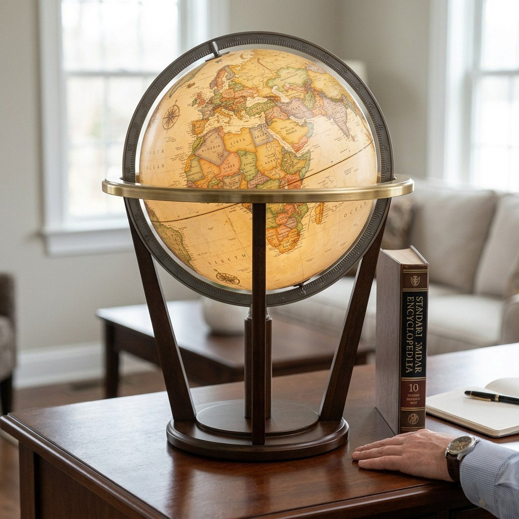 Replogle AUSTIN globe shown on a wood desk next to a book and a man's hand for accurate scale.