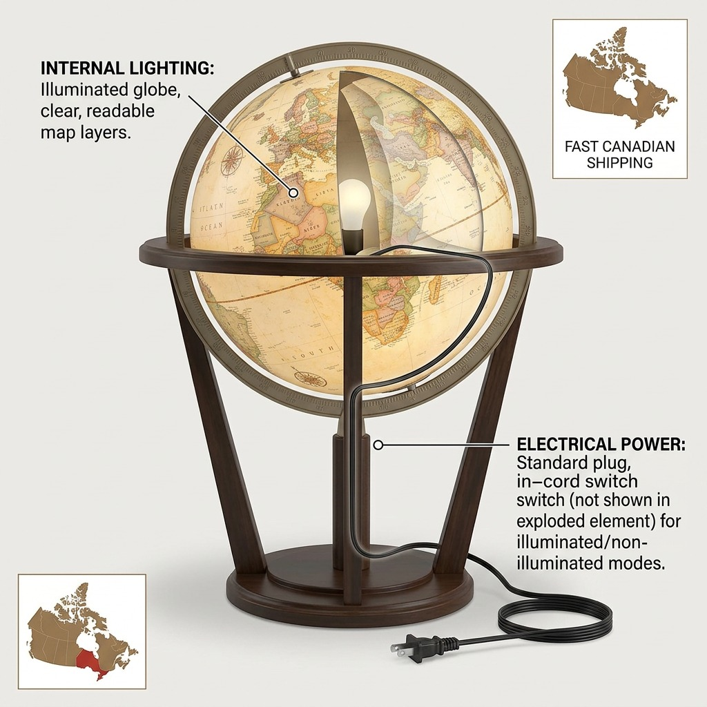 Exploded view graphic of the Austin globe showing internal light components and power source features.