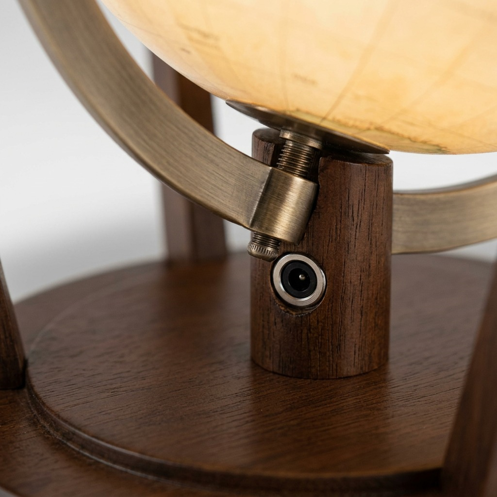 Macro view of the antique brass meridian and dark wood base connection, plus DC port detail, on the Austin globe.