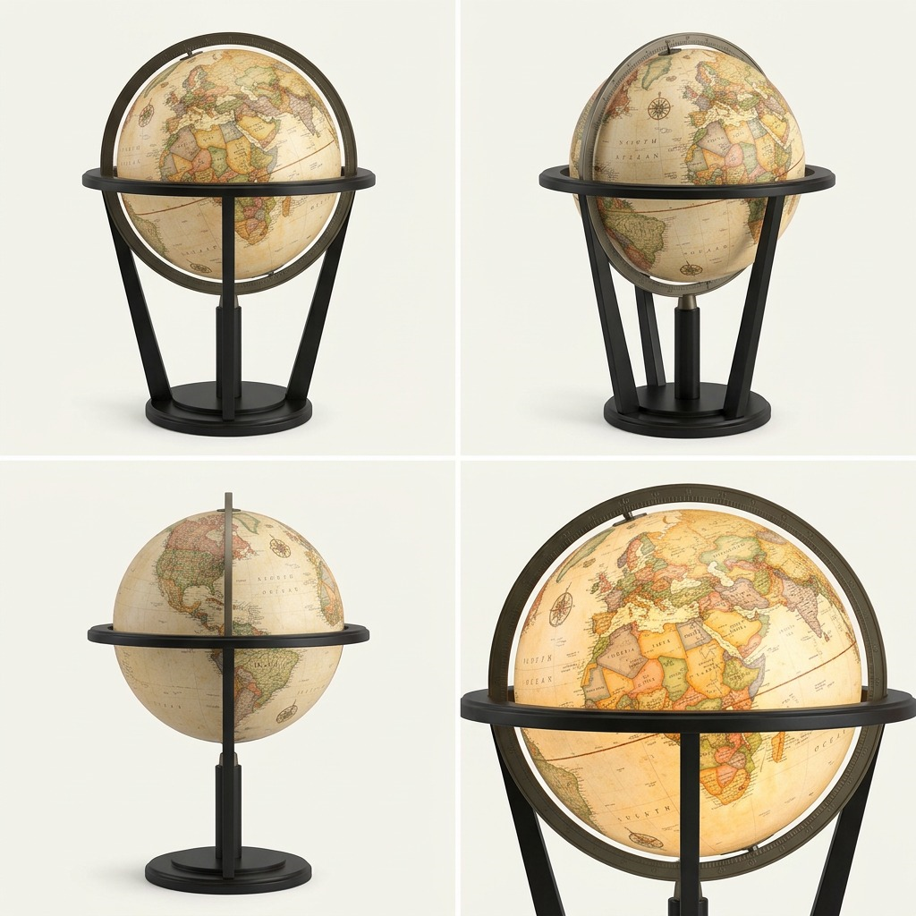 A clean ecommerce matrix displaying four views of the Replogle AUSTIN Illuminated Globe, including front, side, illuminated, and closed close-up.