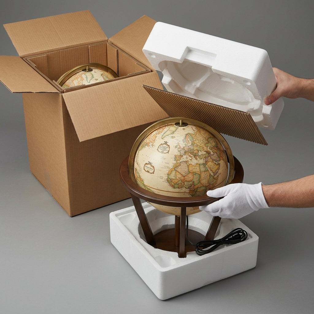 Unboxing of a protective styrofoam-lined carton, revealing the illuminated Replogle AUSTIN globe inside.