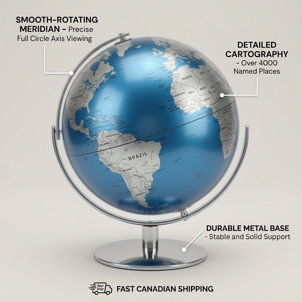 Replogle Madrid blue globe features: smooth rotating meridian, detailed cartography, durable metal base.