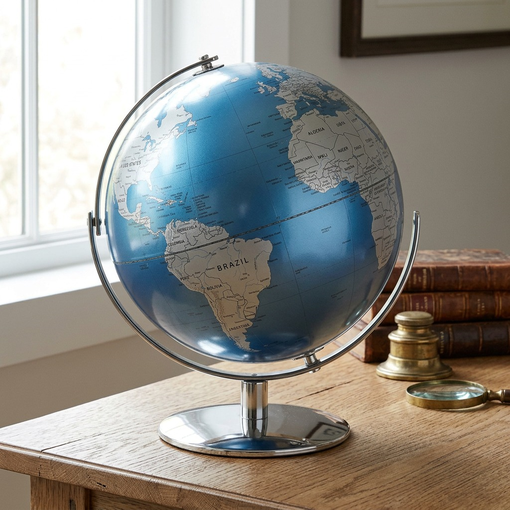 The Replogle Madrid Blue globe sits on a wooden desk, reflecting warm natural light in a stylish office, with a bookshelf background.