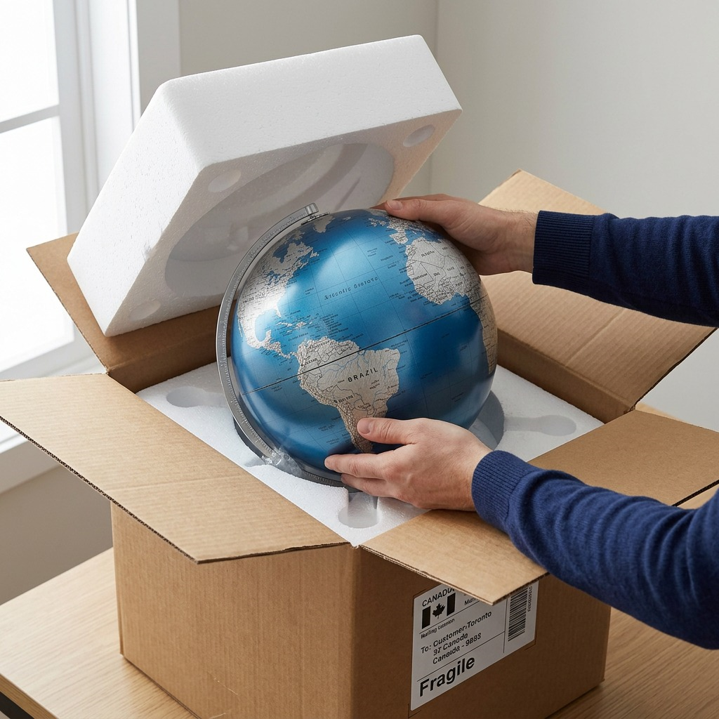 A realistic photo of the blue and silver Madrid globe being safely unpacked from thick, custom-fit foam inside a plain cardboard shipping box, highlighting safe delivery to Canada.