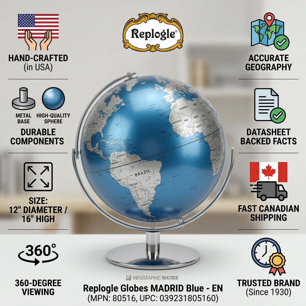 A matrix-style infographic showcasing the Replogle MADRID Blue globe with key features and trust icons.