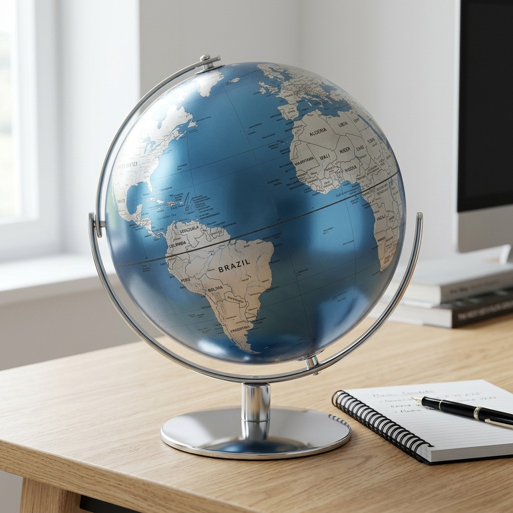 Replogle MADRID globe beside an open notebook and pen, showing accurate 12-inch size.