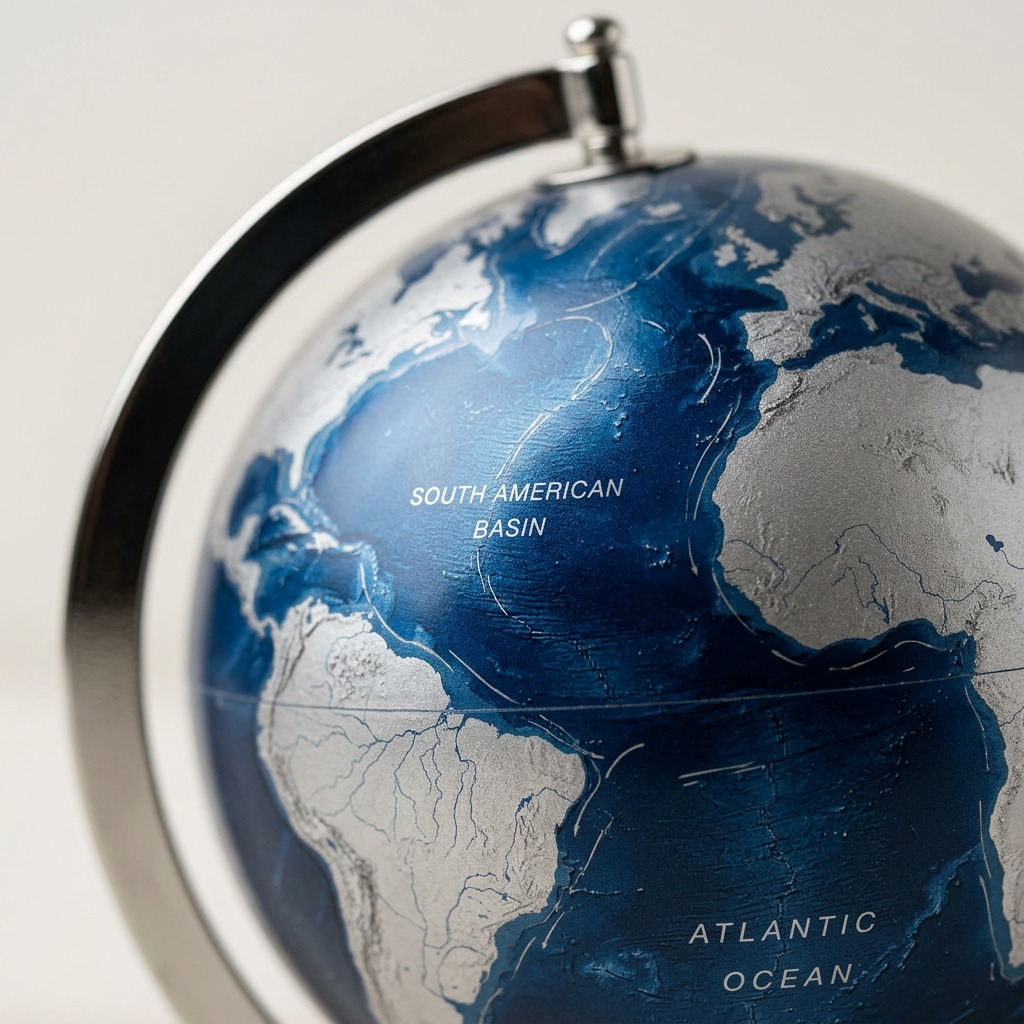 Close-up photo showing texture of metallic blue oceans, grey continents, and precise lettering.