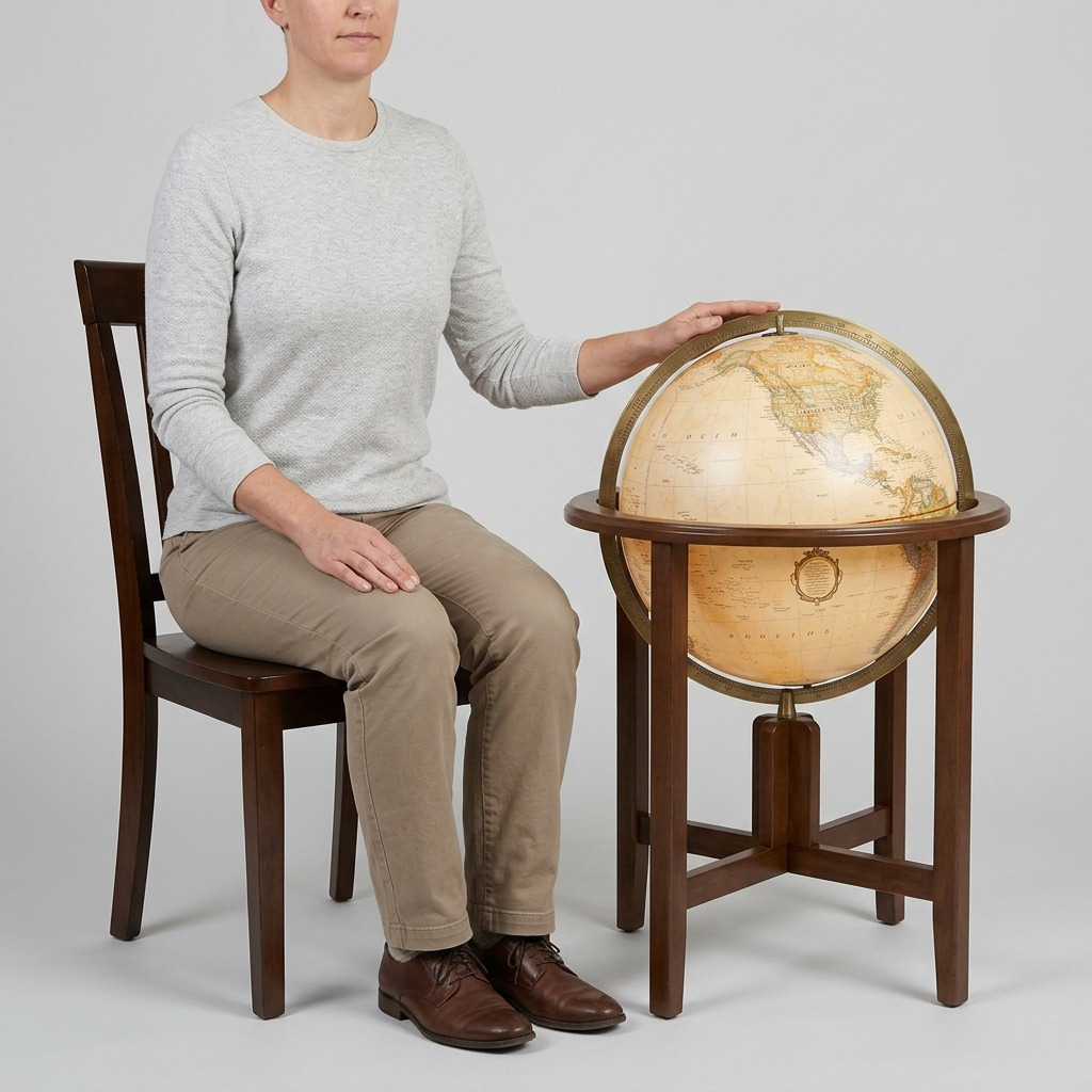 A scale reference image for a Replogle illuminated antique floor globe (image_0.png) shown to be roughly hip-high for a adult human standing next to it.