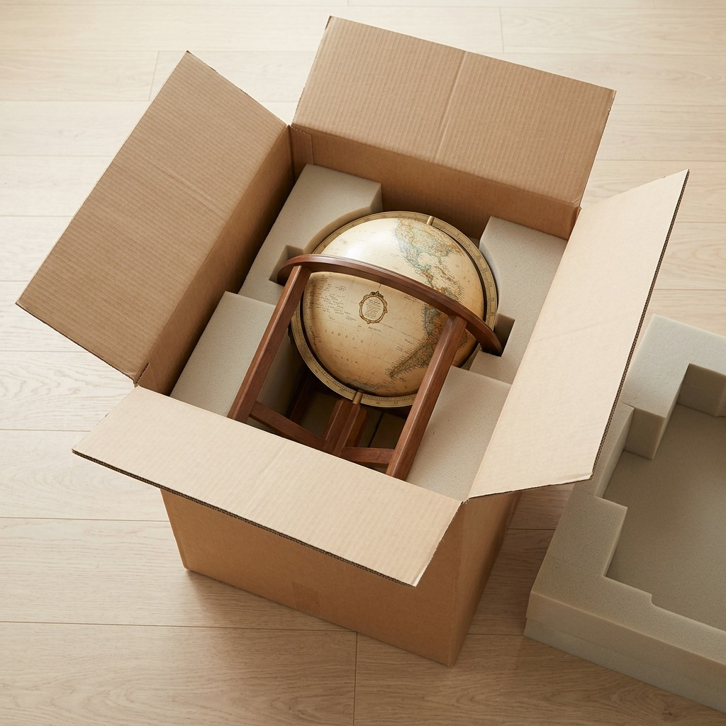 A premium unboxing scene shows the Naples illuminated globe securely protected by foam inserts in a shipping box that features an open top.