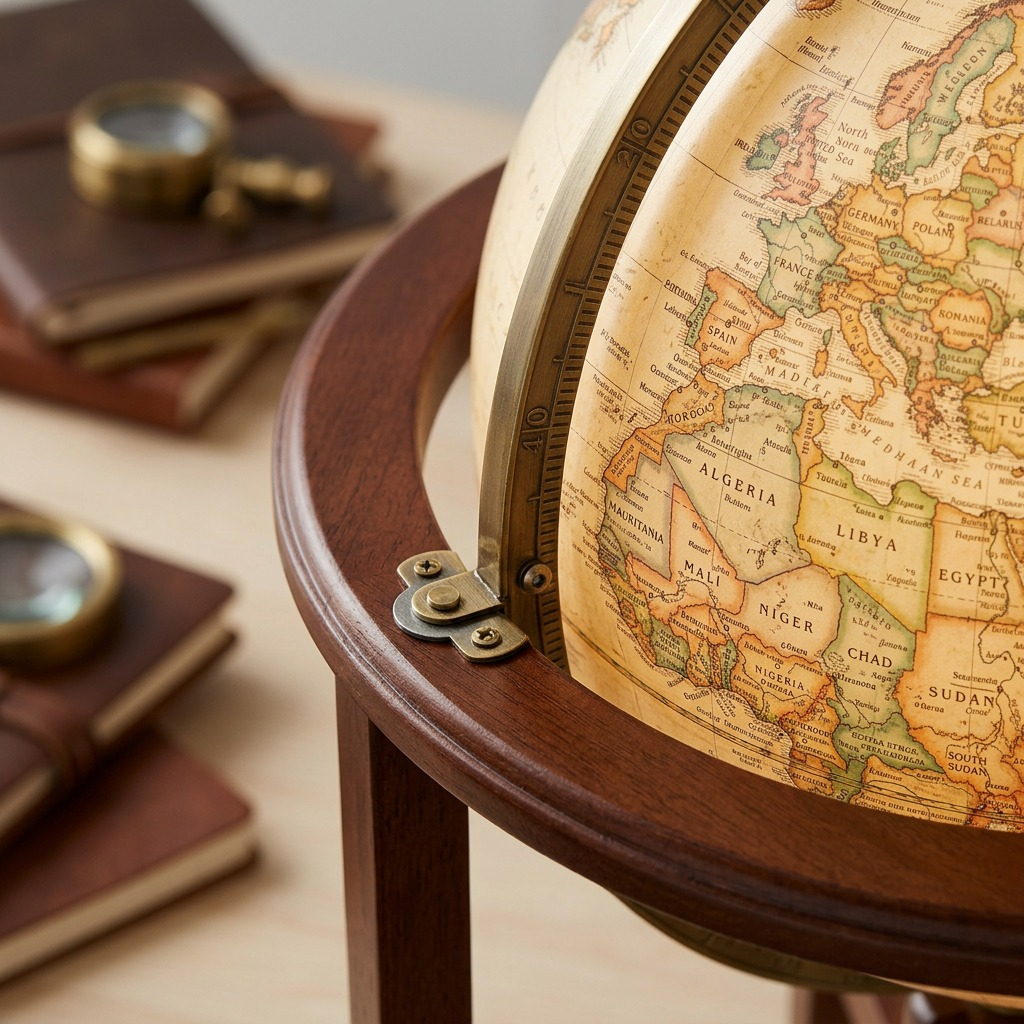 Macro inspection of the Naples globe hinge and map surface, showcasing brass quality and print clarity.