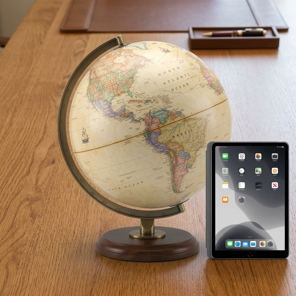 A scale product shot of the Replogle Santiago antique-style globe on a walnut base, standing on an executive desk next to a modern open tablet, indicating its true size.