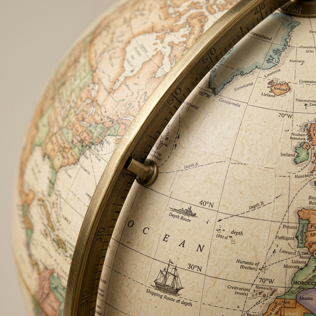 Macro view of the antique globe surface, showing cartographic details, paper texture, and metal meridian arc.