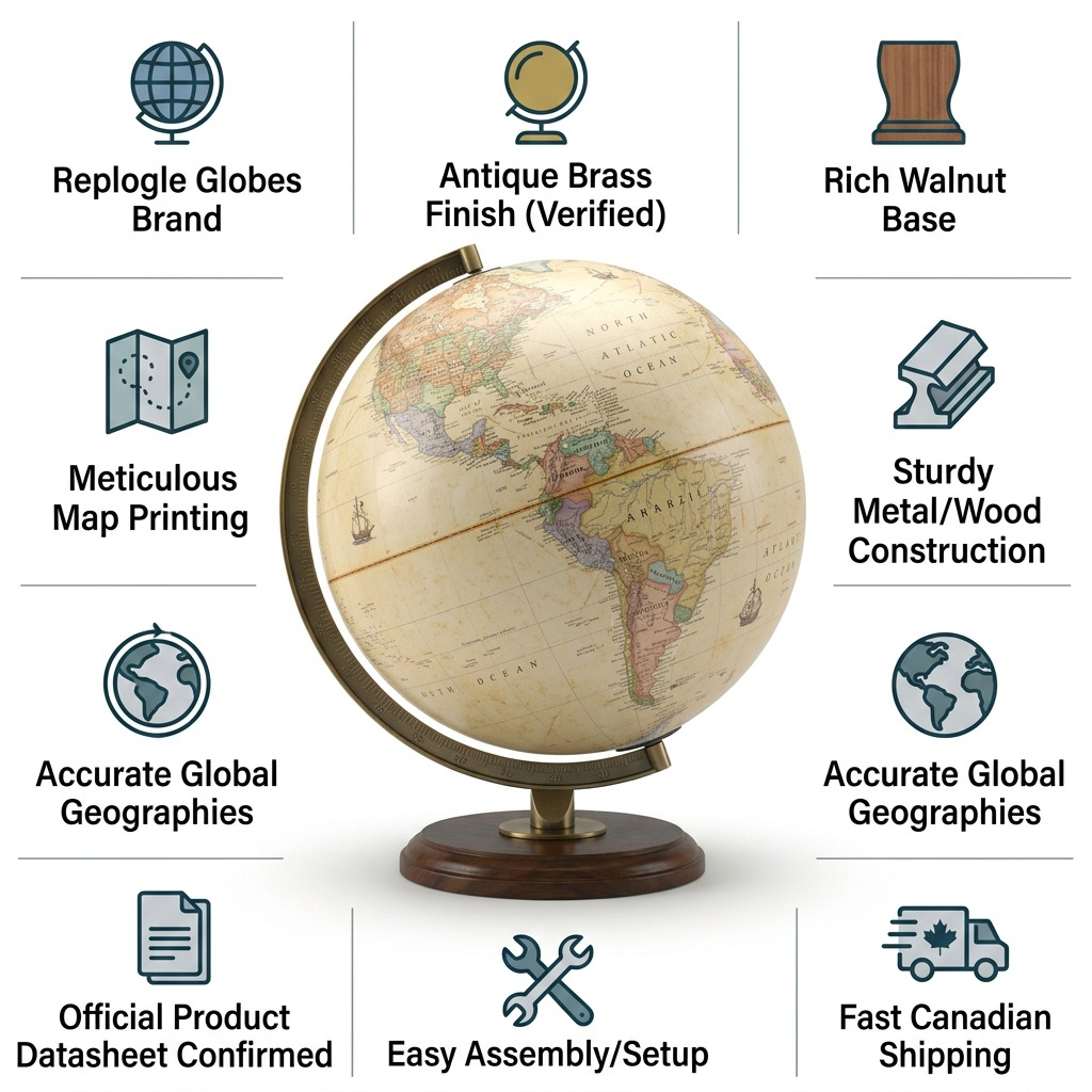 Trust and authority infographic matrix for Replogle Globes Santiago Antique, with product features and icons.
