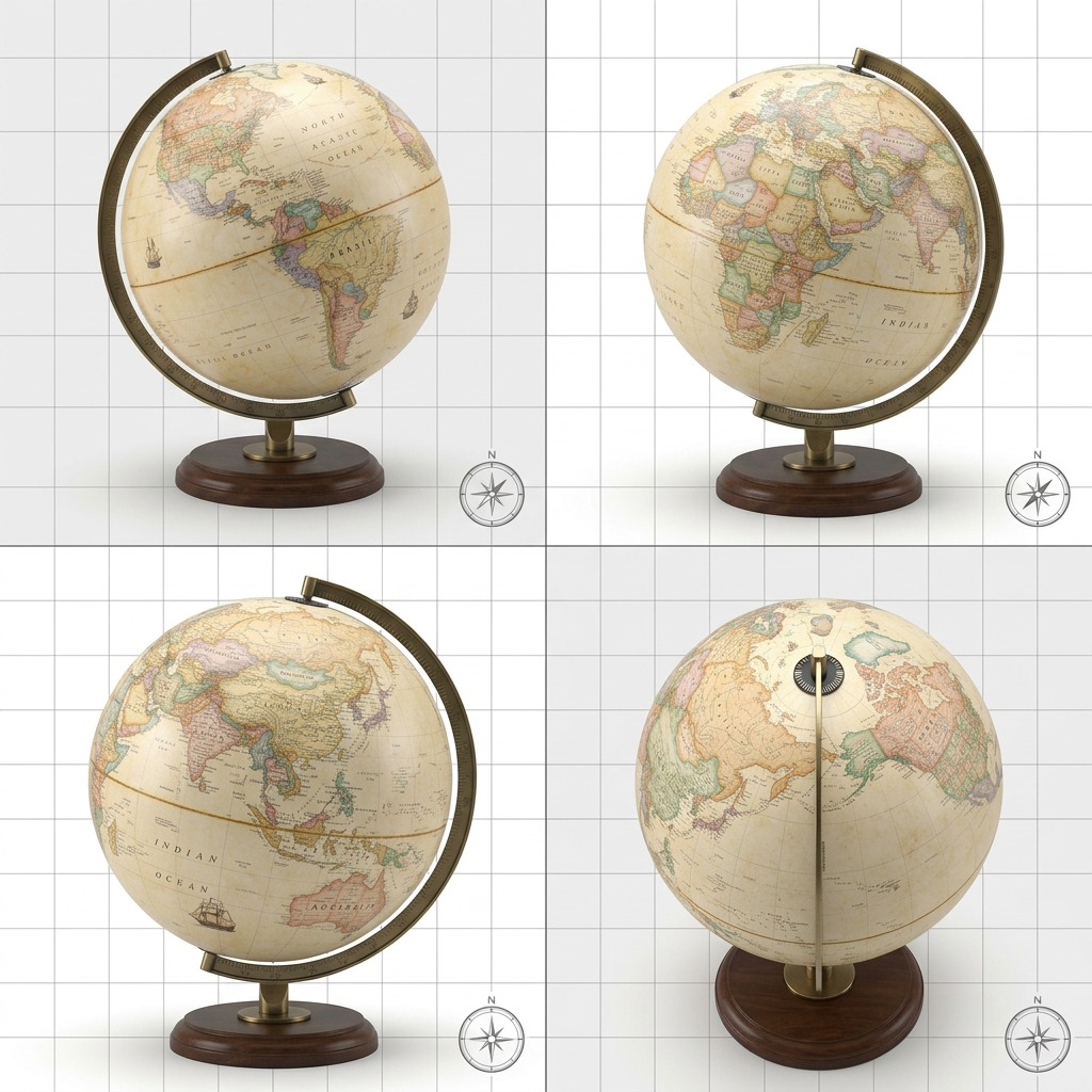 A 2x2 grid showing four different angles of the Replogle SANTIAGO Antique globe, revealing its details.