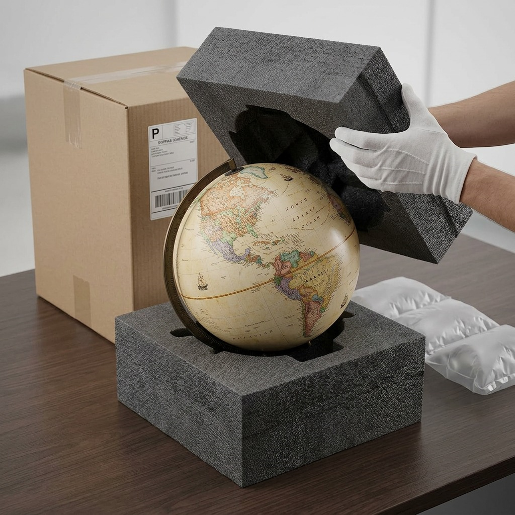 The Santiago antique globe being unpacked from custom foam inserts and a brown box.