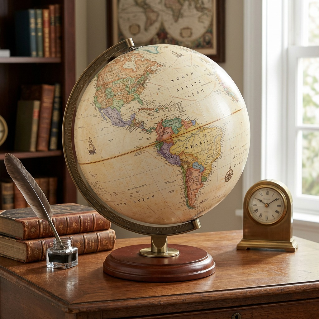 Lifestyle photograph on an antique wooden desk, featuring the Replogle Globes Santiago.