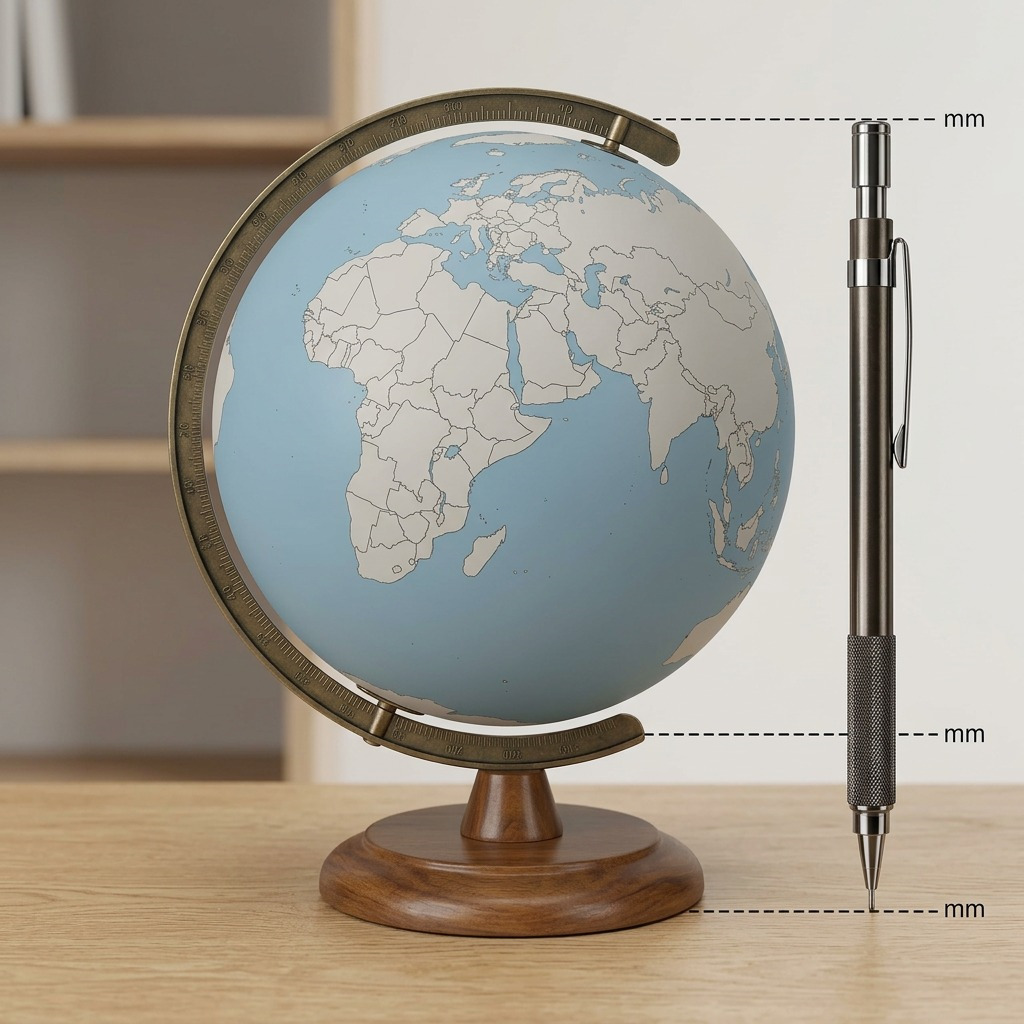 Replogle LINCOLN blue globe next to a standard pen on a wooden desk.
