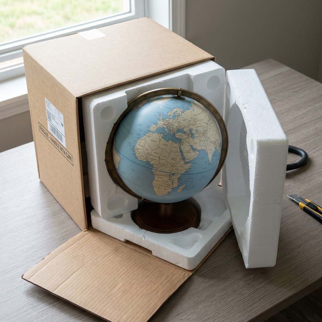 A close-up unboxing scene of the Replogle Lincoln 12-inch globe, safely nestled in protective foam inserts within a shipping box.