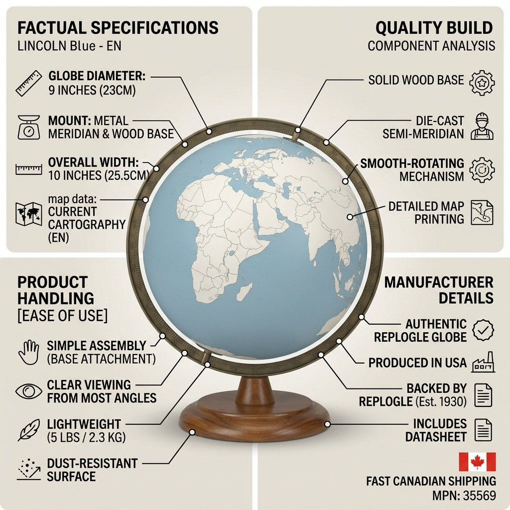 Infographic matrix for Replogle Lincoln Blue Globe (MPN: 35569), highlighting specifications, dimensions, materials, handling, and fast Canadian shipping.