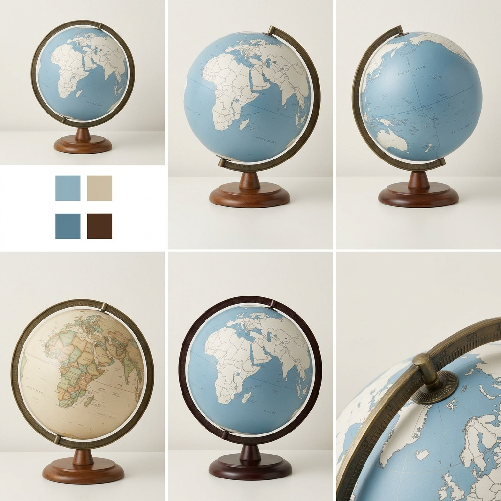 A matrix grid of six product views of the LINCOLN Blue globe from different angles on a light grey background.