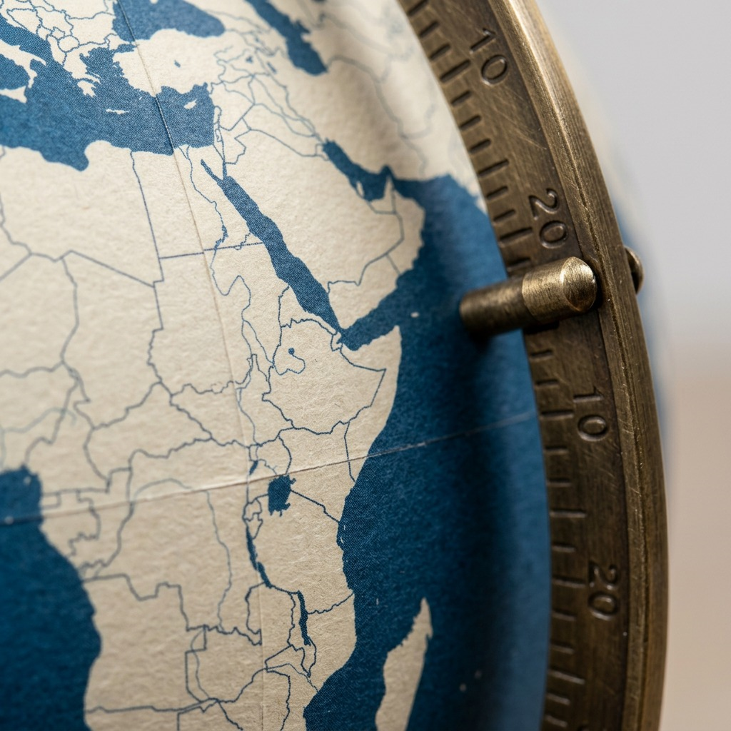 A detailed macro close-up of the Replogle Lincoln Blue globe surface, showing map paper texture and metal meridian.