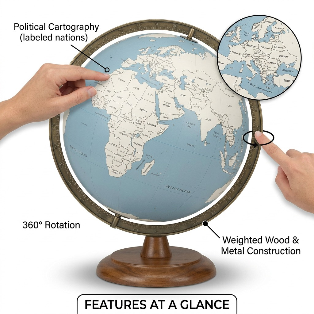 A detailed feature graphic highlighting the key functional aspects of the Lincoln blue globe, including accuracy and construction.