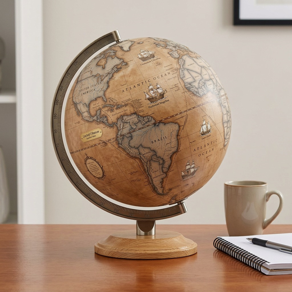 Replogle Chicago globe next to standard desk objects.