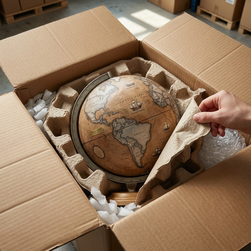 A close-up shot of the Replogle Globe safely nestled in molded pulp and protective cushioning inside an open cardboard box.