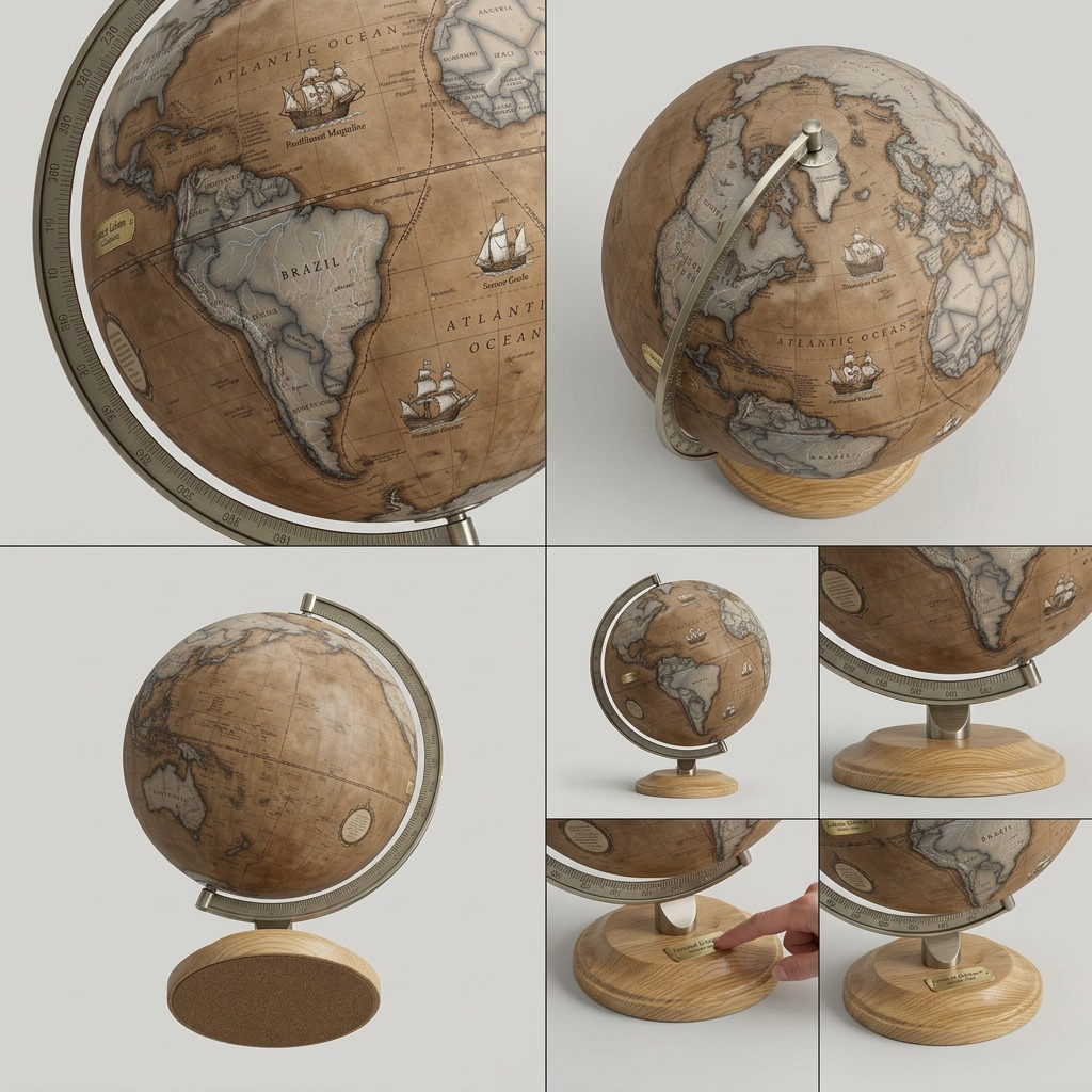 A 2x2 grid is displaying the Replogle CHICAGO Antique globe in front, back, top, and low-angle views on an ivory background.