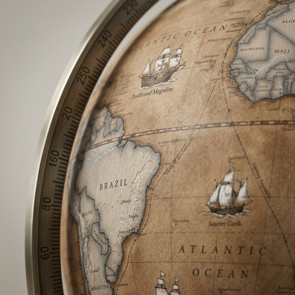 A macro view captures the antique brass meridian's precise markings and the globe's detailed, parchment-like map surface.