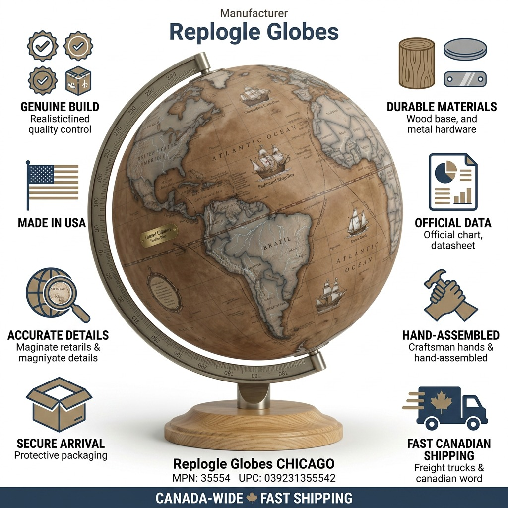 An infographic highlighting the quality, materials, and shipping info for the Replogle CHICAGO antique globe.