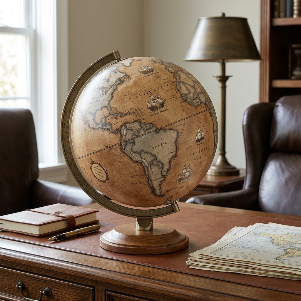 A lifestyle image of the CHICAGO Antique Replogle Globe as seen on a wooden desk with a leather journal.