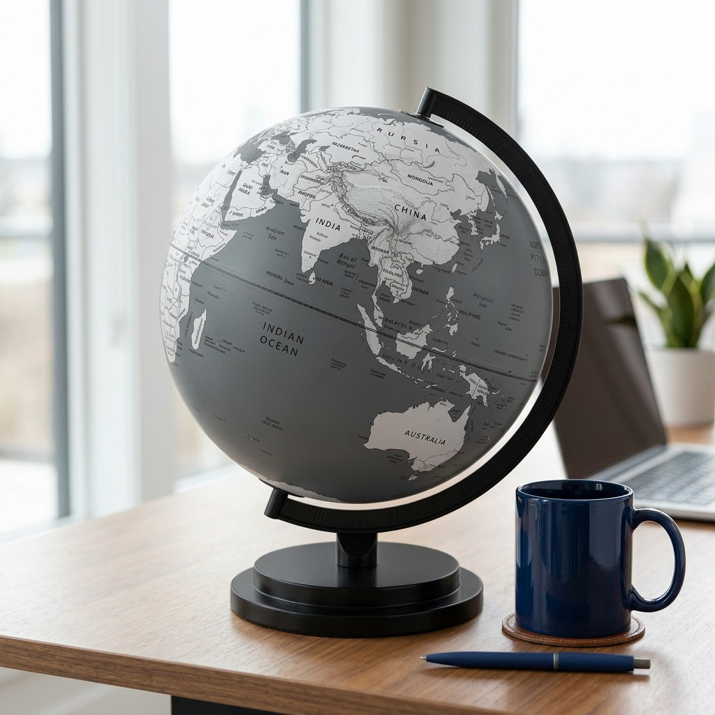 Product scale visual: Dublin Gray globe replica with accurate proportions on a desk next to an standard-sized coffee mug.