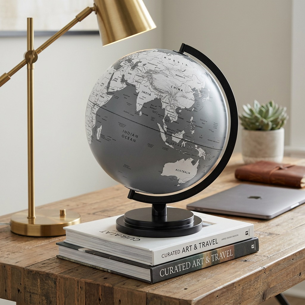 Replogle Globes DUBLIN Gray globe, detailed map, on a stack of art books in a modern home office.