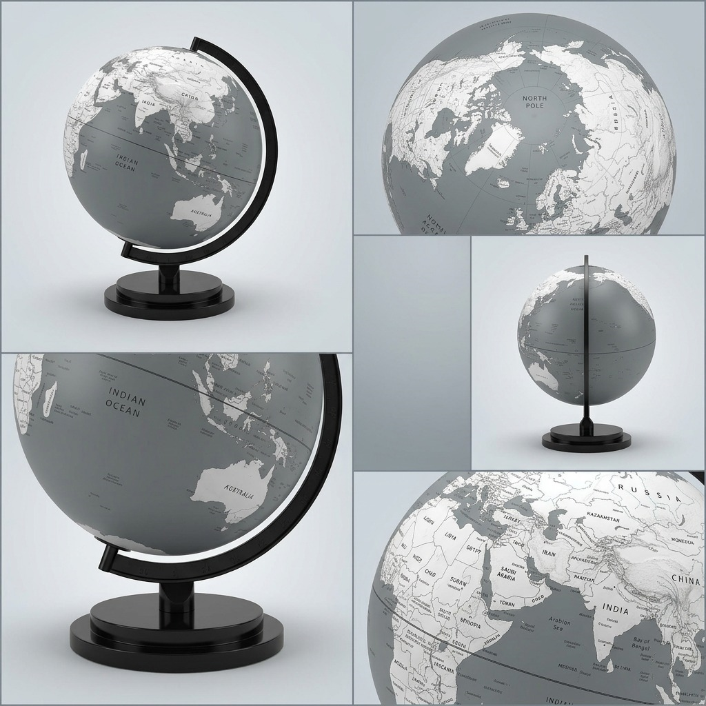 A visual matrix image displaying five different views of the identical Replogle Dublin Gray globe.