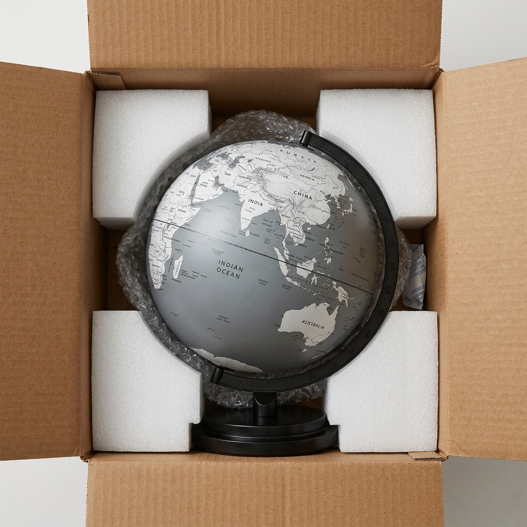 Packaging for Dublin Gray globe: protective foam-lined box, showing product integrity.
