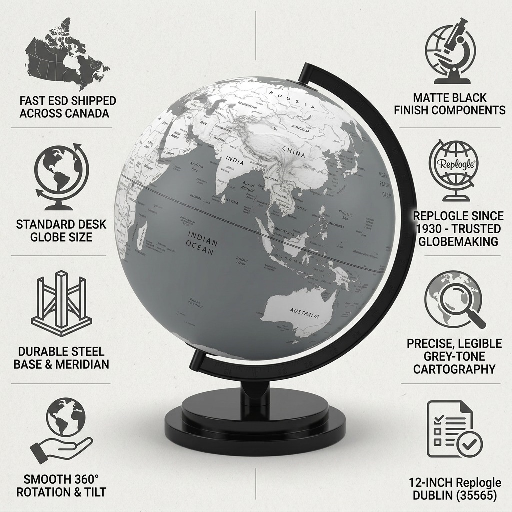 Trust infographic for Replogle Dublin Globe with fact-based specs, compatibility, and fast Canadian shipping.