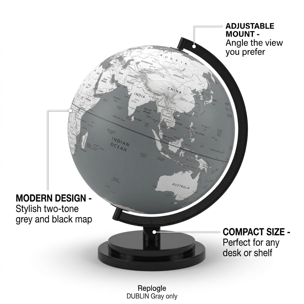 Modern Dublin Gray Replogle globe with feature callouts for design, mount, and size.
