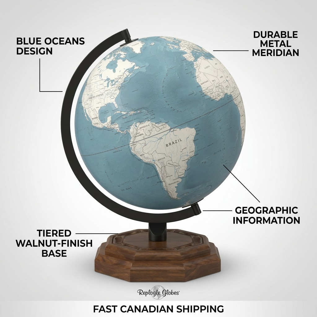 Replogle Palermo Blue world globe on a tiered walnut-finish base, with labels pointing to the 'Blue Oceans Design', 'Durable Metal Meridian', 'Geographic Information', and 'Fast Canadian Shipping'. The background features a grey and white gradient.