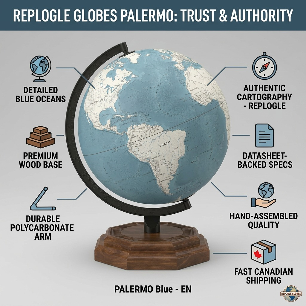 Replogle Globes Palermo: trust and authority infographic featuring key product facts and Canadian shipping.
