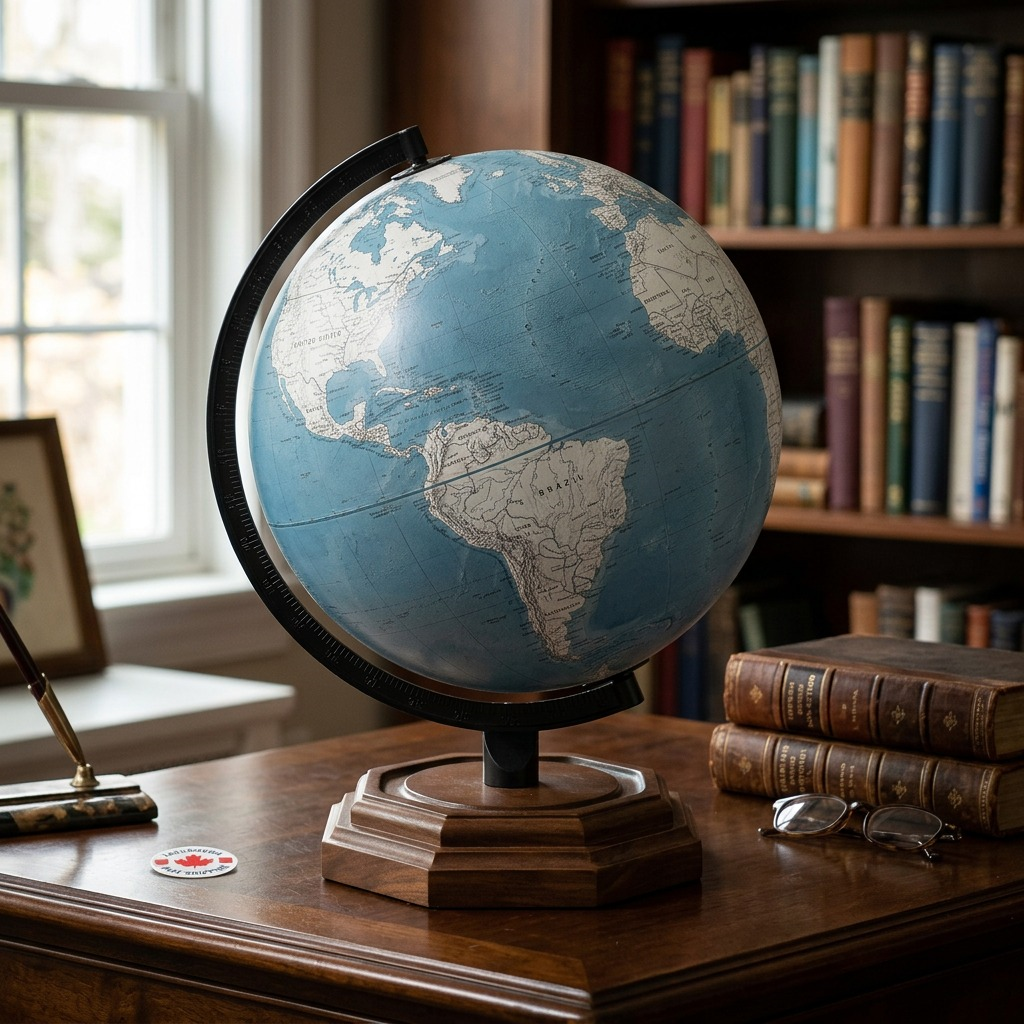A lifestyle photo of the Replogle Palermo Blue 12-inch desk globe on a dark wood library desk, with natural window light highlighting its texture.