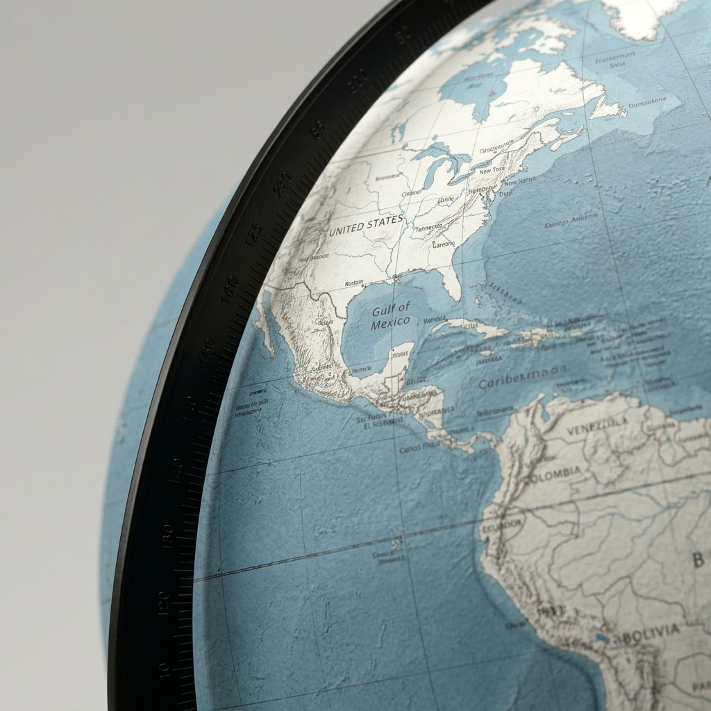 An extreme close-up photograph of the Replogle Palermo blue globe's cartography print surface and physical mountain texture, showing clear text, ocean details, and the raised terrain over a metallic meridian.