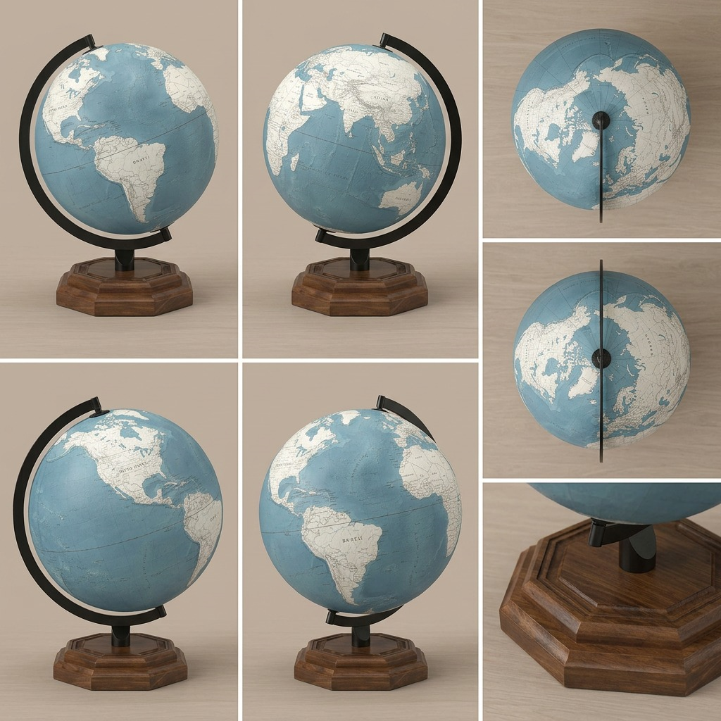 A product matrix image showcasing the blue Palermo globe from different viewing angles against a clean background.