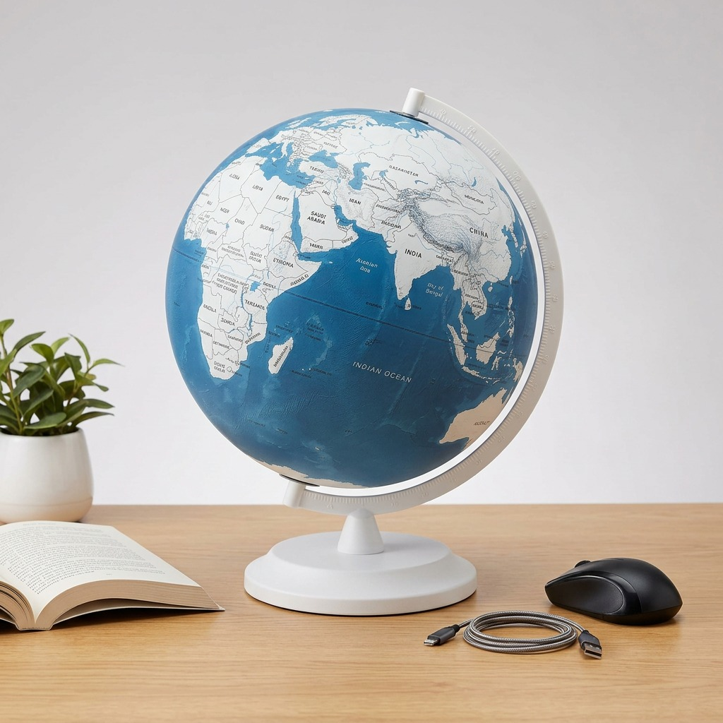 Alternative text: Replogle BERKNER blue globe beside a standard mouse and desk lamp, illustrating its compact scale.