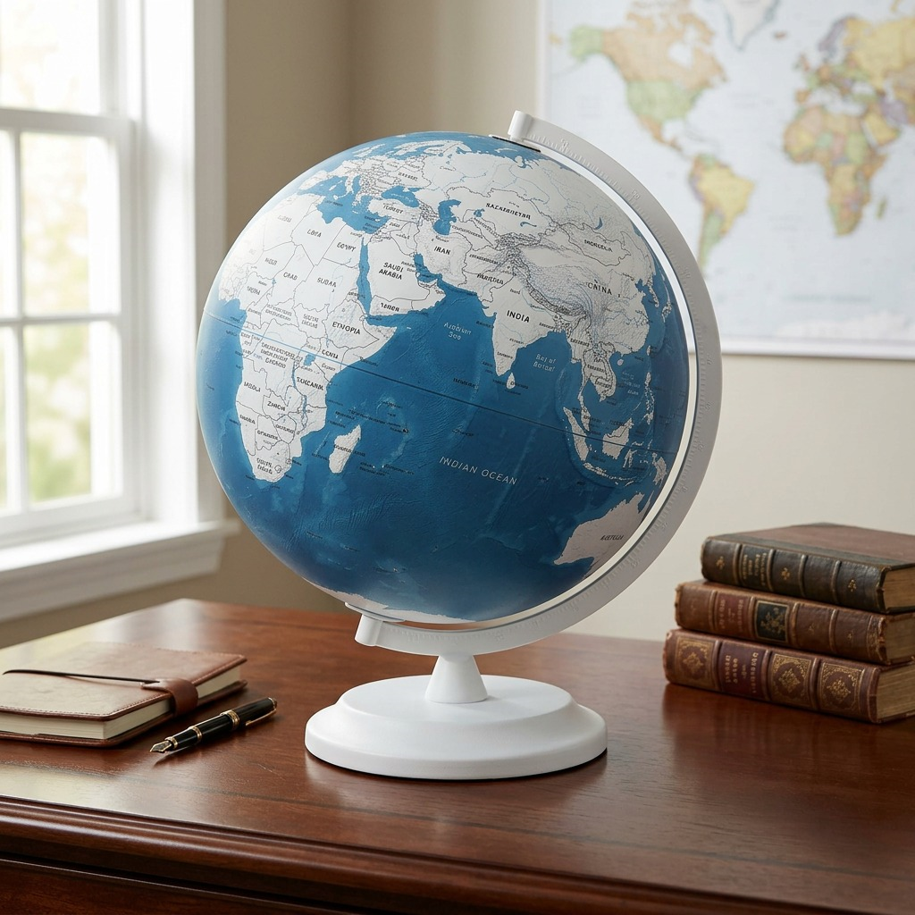 A white Replogle Berkner blue world globe sits centrally on a classic wooden study desk.