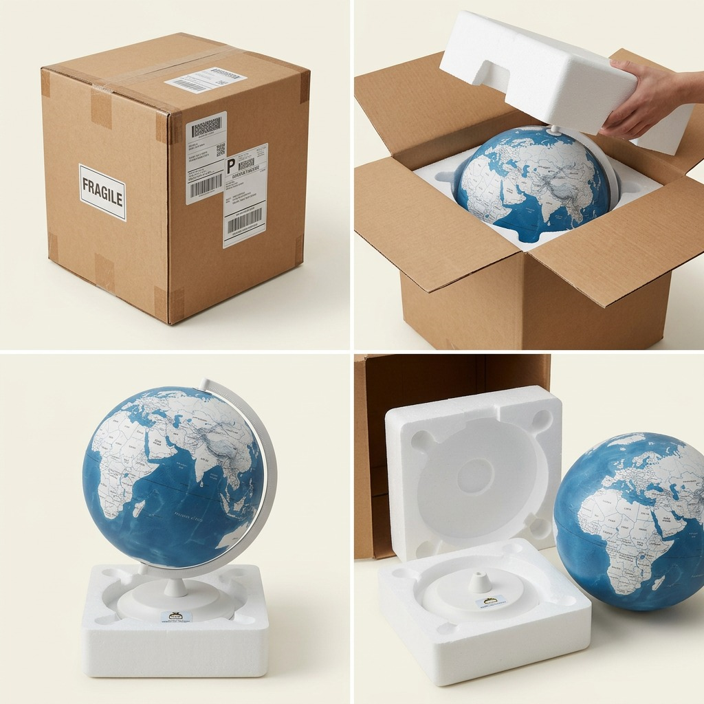 A four-panel grid illustrates the secure packaging and unboxing process of the Berkeley Blue globe.