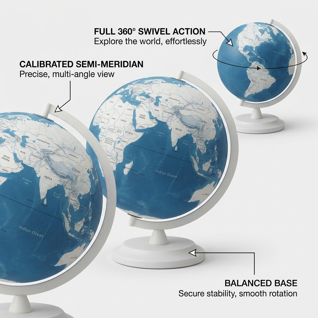 Operational feature infographic for the Replogle Berkner Blue globe showing key functions.