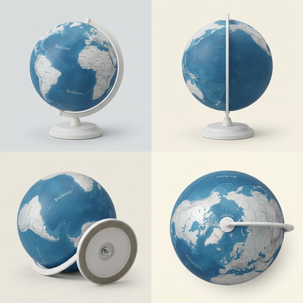 Four-panel grid showing the Replogle Berkner blue globe from multiple angles on a clean white background.
