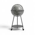 A high-resolution ecommerce hero shot of the illuminated Gray Replogle Empire Bar Globe on its metal stand.