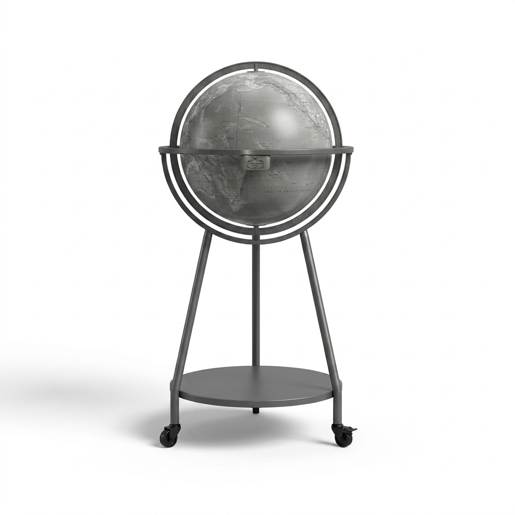A high-resolution ecommerce hero shot of the illuminated Gray Replogle Empire Bar Globe on its metal stand.